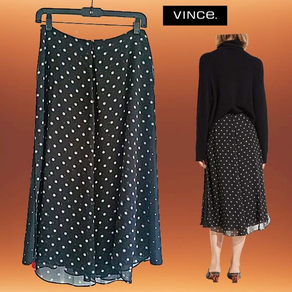 VINCE. NEW Mixed Dots Chiffon Overlay Midi Skirt S - Picture 7 of 12
